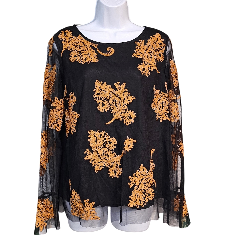 Sundance Black Sheer Mesh Blouse Gold Embroidered Lace Leaves Boho Romantic  S
